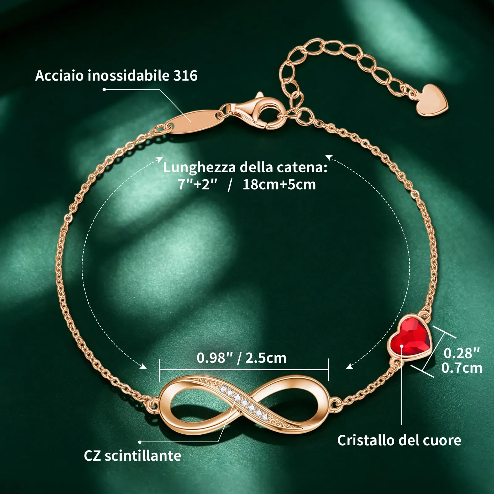 LOUISA SECRET Bracciale Infinito e Cuore in Argento 925, Oro Rosa-Rosso - immagine 3