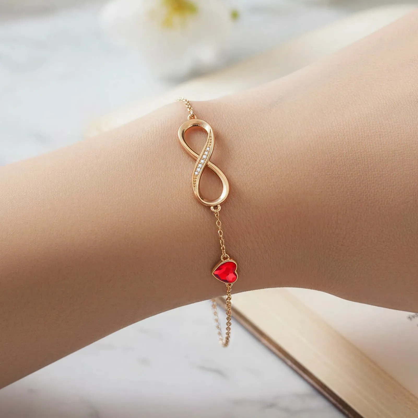 LOUISA SECRET Bracciale Infinito e Cuore in Argento 925, Oro Rosa-Rosso - immagine 5