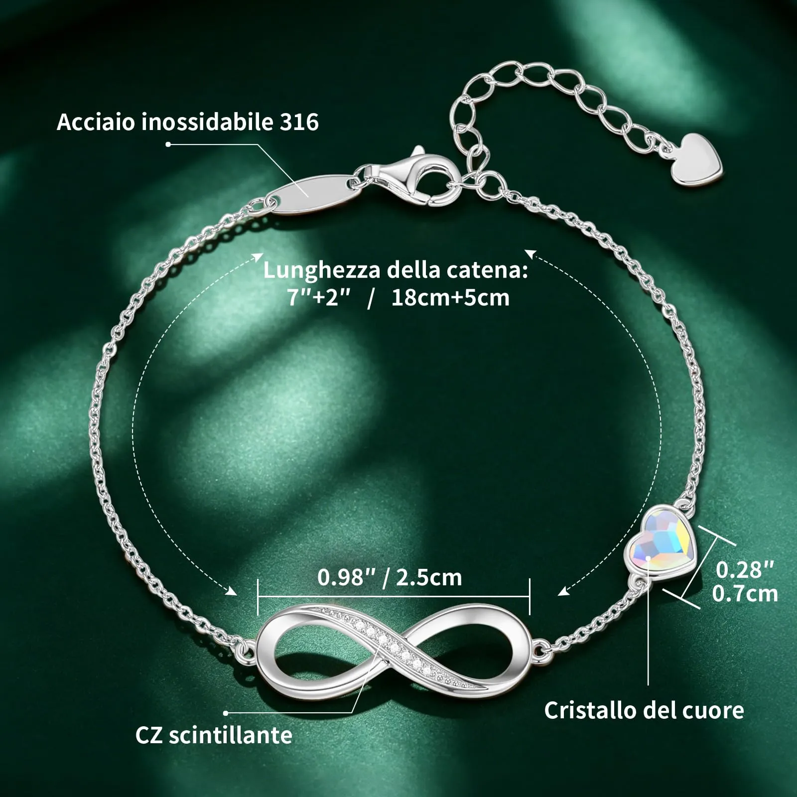 LOUISA SECRET Bracciale Donna Argento 925 Simbolo Infinito e Cuore con Cristalli - immagine 3
