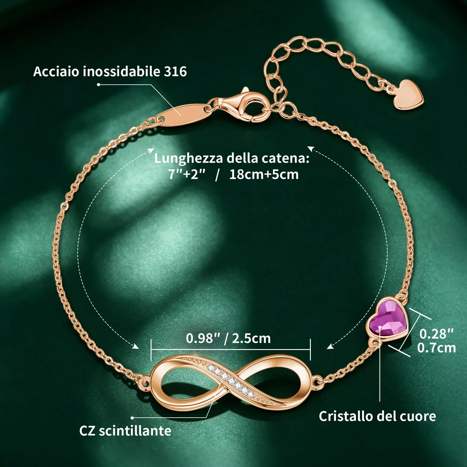LOUISA SECRET Bracciale Donna Argento 925 Infinito e Cuore, Oro Rosa-Viola - immagine 3