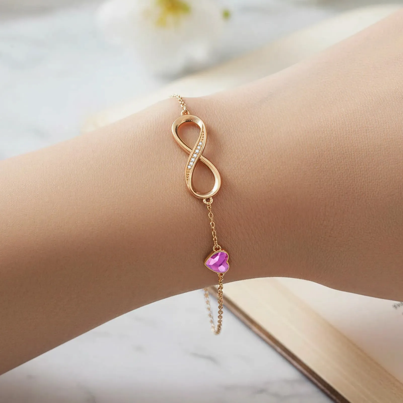 LOUISA SECRET Bracciale Donna Argento 925 Infinito e Cuore, Oro Rosa-Viola - immagine 5