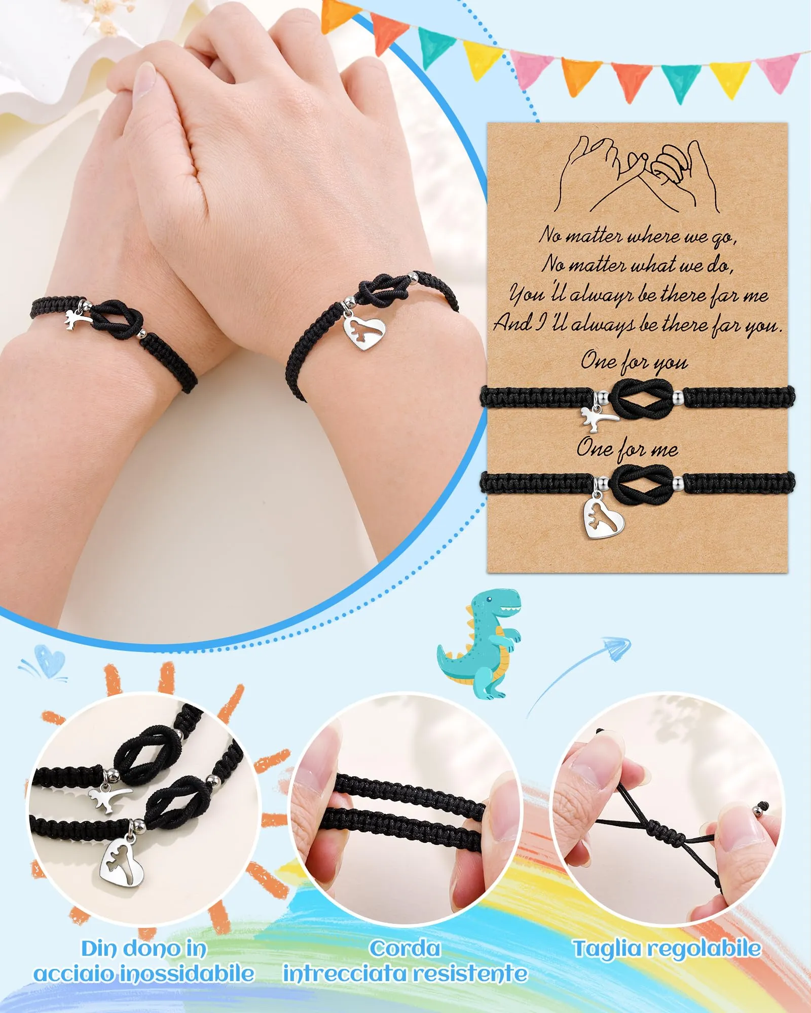 VGWON Set di 2 Bracciali Madre Figlio/Figlia con Ciondoli Dinosauro, Taglia Regolabile - immagine 3