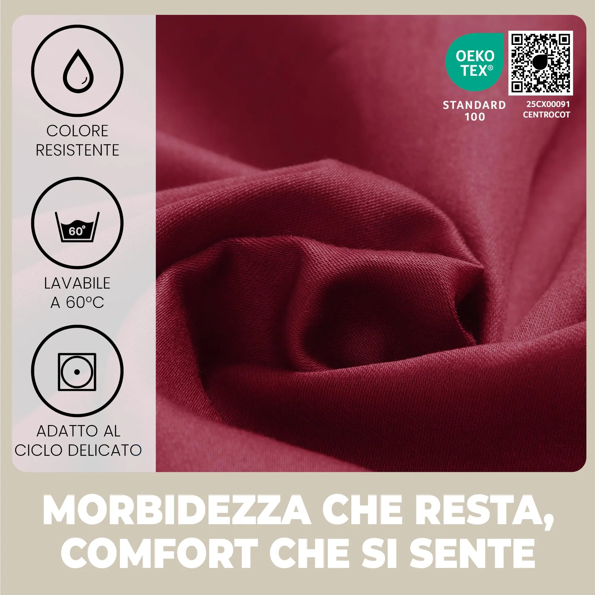 Flowen Lenzuola con Angoli Matrimoniale 160x190 cm, 100% Cotone, Bordeaux, per Materasso fino a 30cm - immagine 3