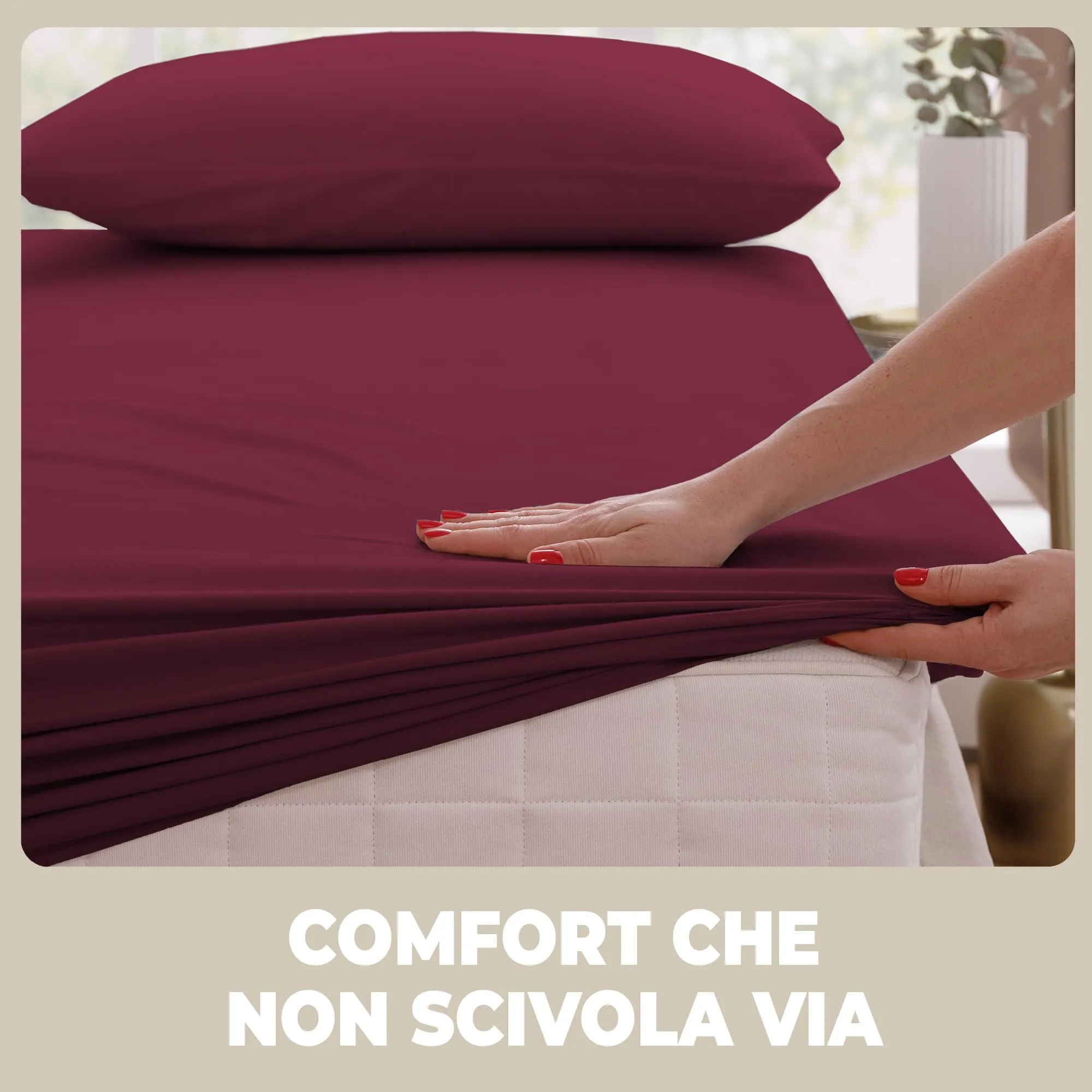 Flowen Lenzuola con Angoli una Piazza e Mezza 120x190 cm Bordeaux 100% Cotone per Materasso fino a 30cm - immagine 6