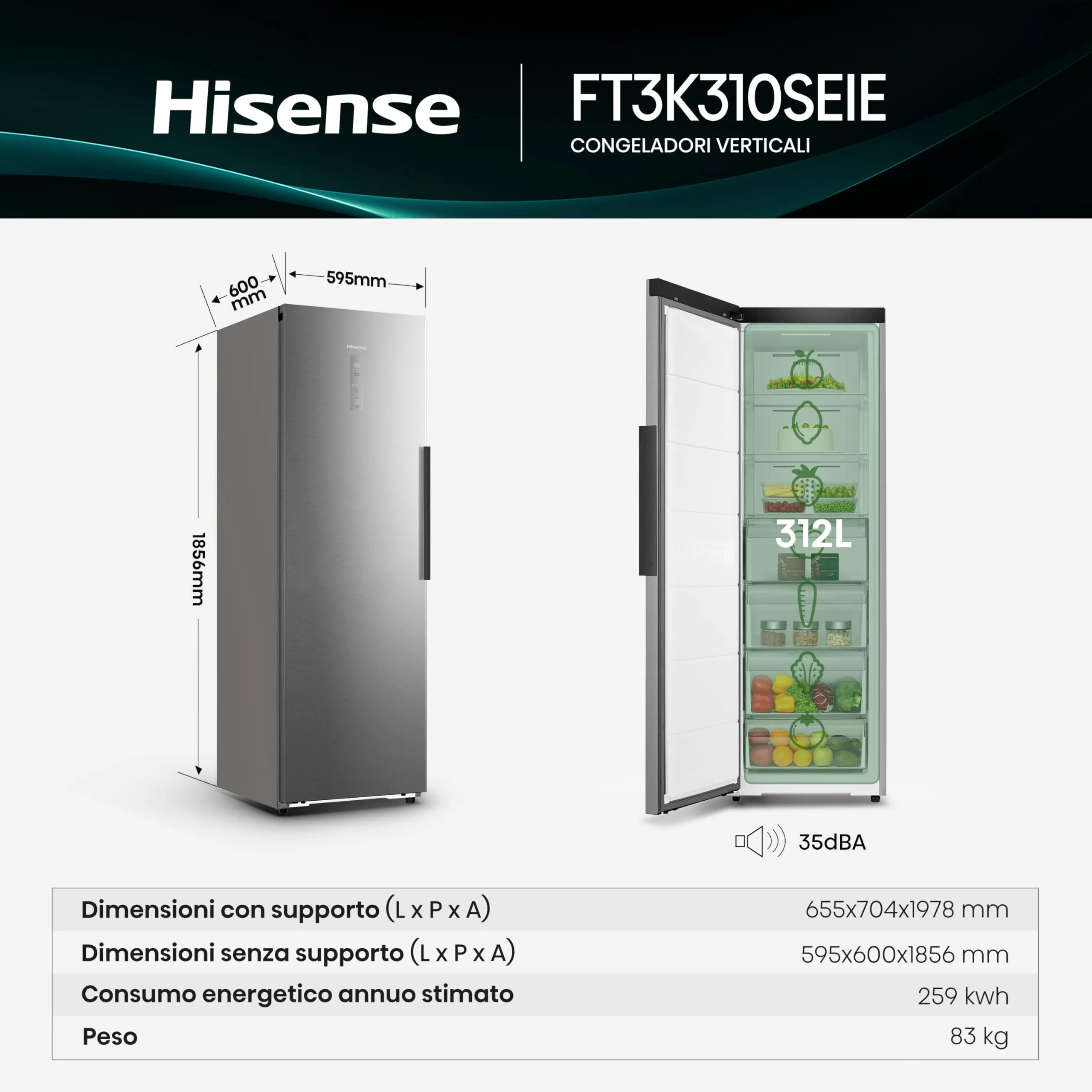 Hisense FT3K310SEIE Freezer Verticale Total No Frost, Inox, 185.6 x 59.5 cm, Classe E, 312 L - immagine 2