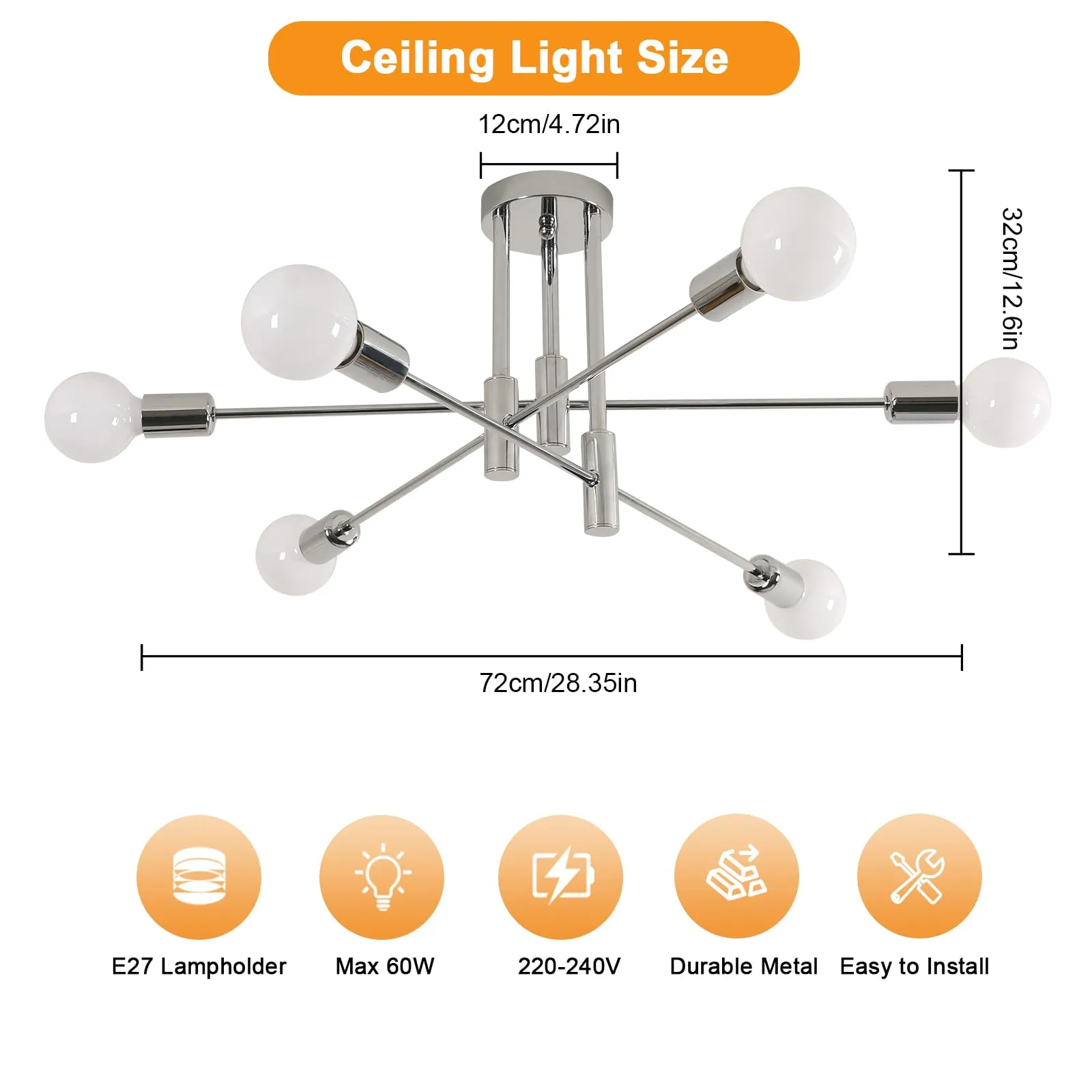 Comely Lampadario Soffitto Industrial Sputnik, 6 Luci E27, Cromo - immagine 5
