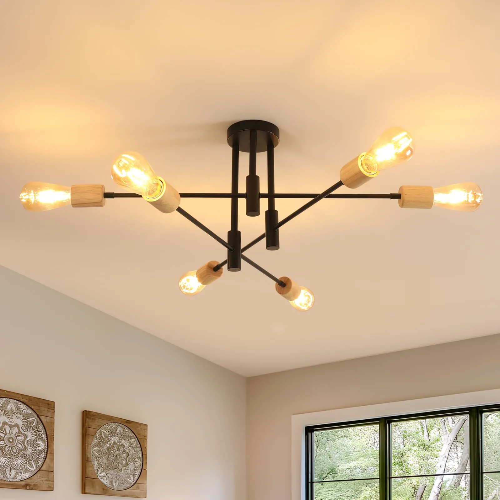 Comely Plafoniera Vintage E27 Lampadario Soffitto Industriale DIY 6 Luci Metallo Nero e Legno - immagine 1