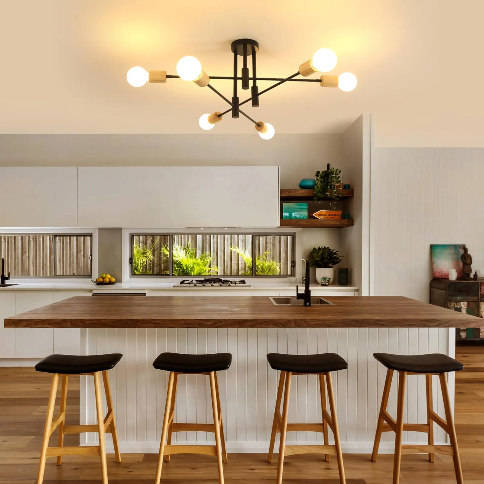 Comely Plafoniera Vintage E27 Lampadario Soffitto Industriale DIY 6 Luci Metallo Nero e Legno - immagine 2