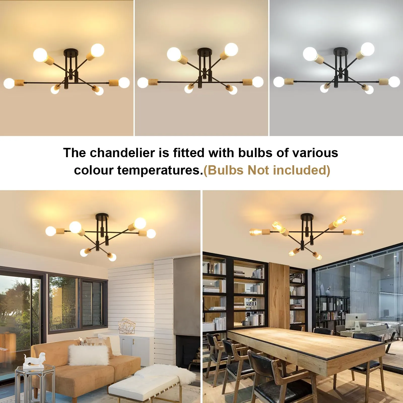 Comely Plafoniera Vintage E27 Lampadario Soffitto Industriale DIY 6 Luci Metallo Nero e Legno - immagine 3