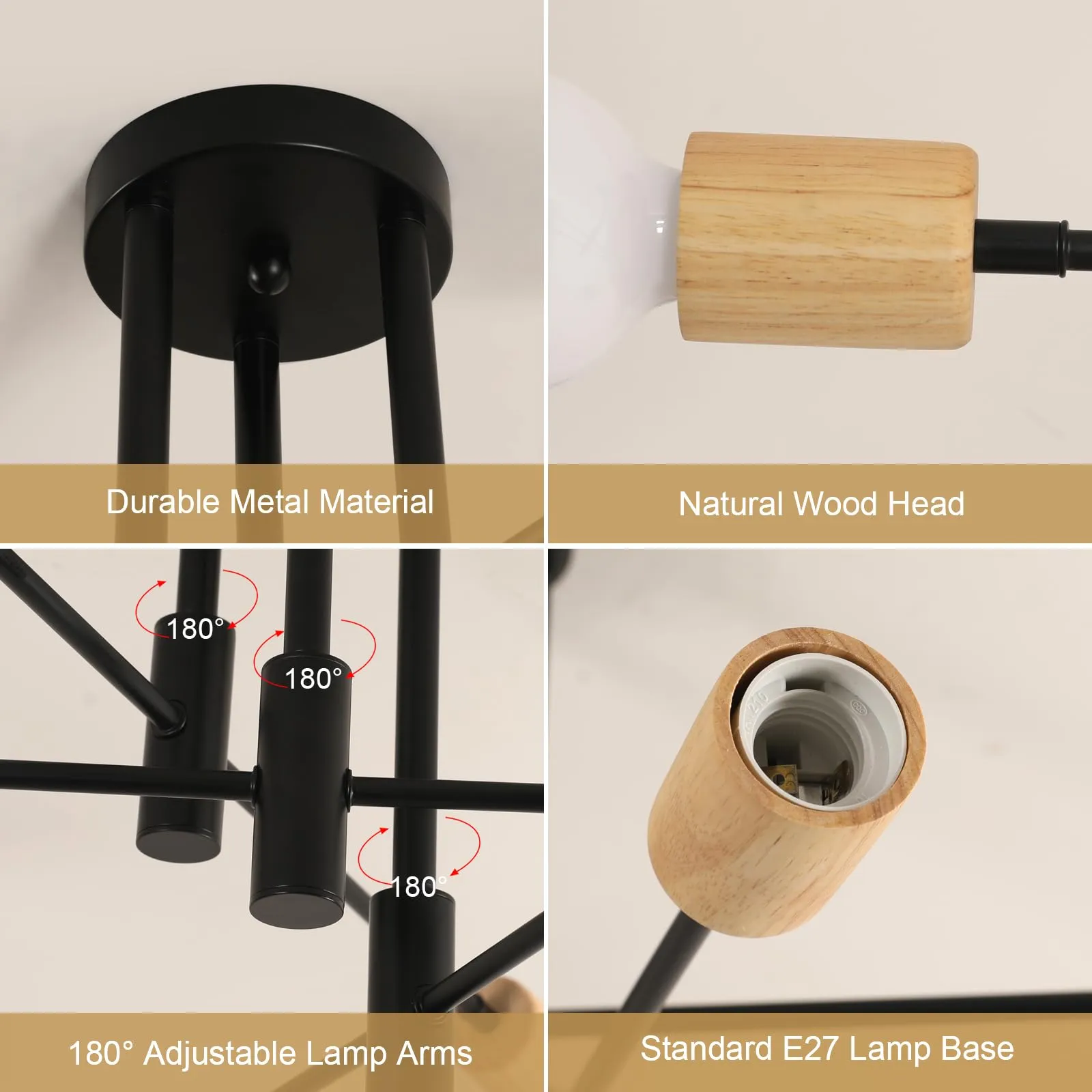 Comely Plafoniera Vintage E27 Lampadario Soffitto Industriale DIY 6 Luci Metallo Nero e Legno - immagine 5