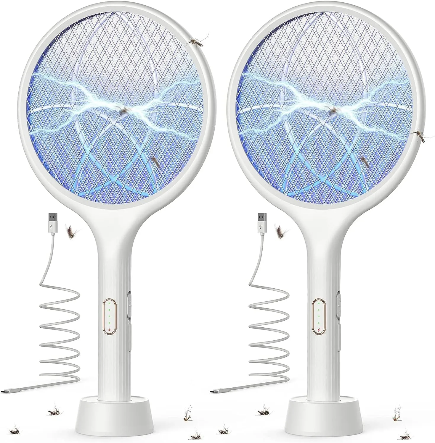 YISSVIC Racchetta Zanzare Elettrica 4000V 1500mAh USB Ricaricabile con LED 2 in 1, Bianco, 2 Pezzi - immagine 1