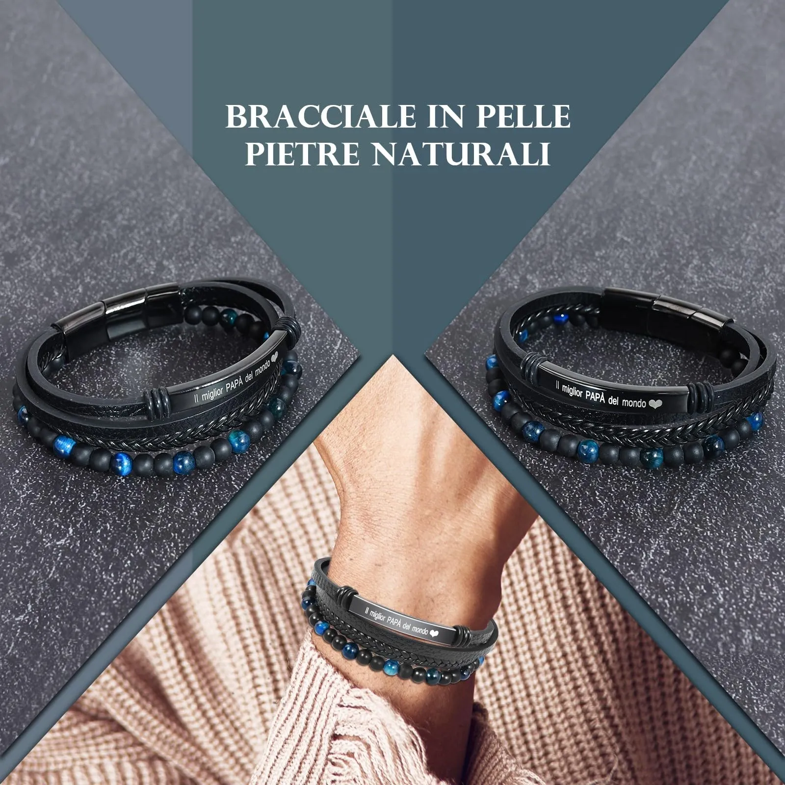 VGWON Bracciale Uomo in Vera Pelle e Pietra di Tigre - immagine 2