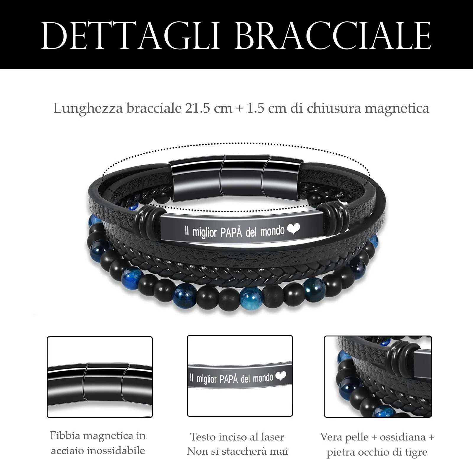 VGWON Bracciale Uomo in Vera Pelle e Pietra di Tigre - immagine 3