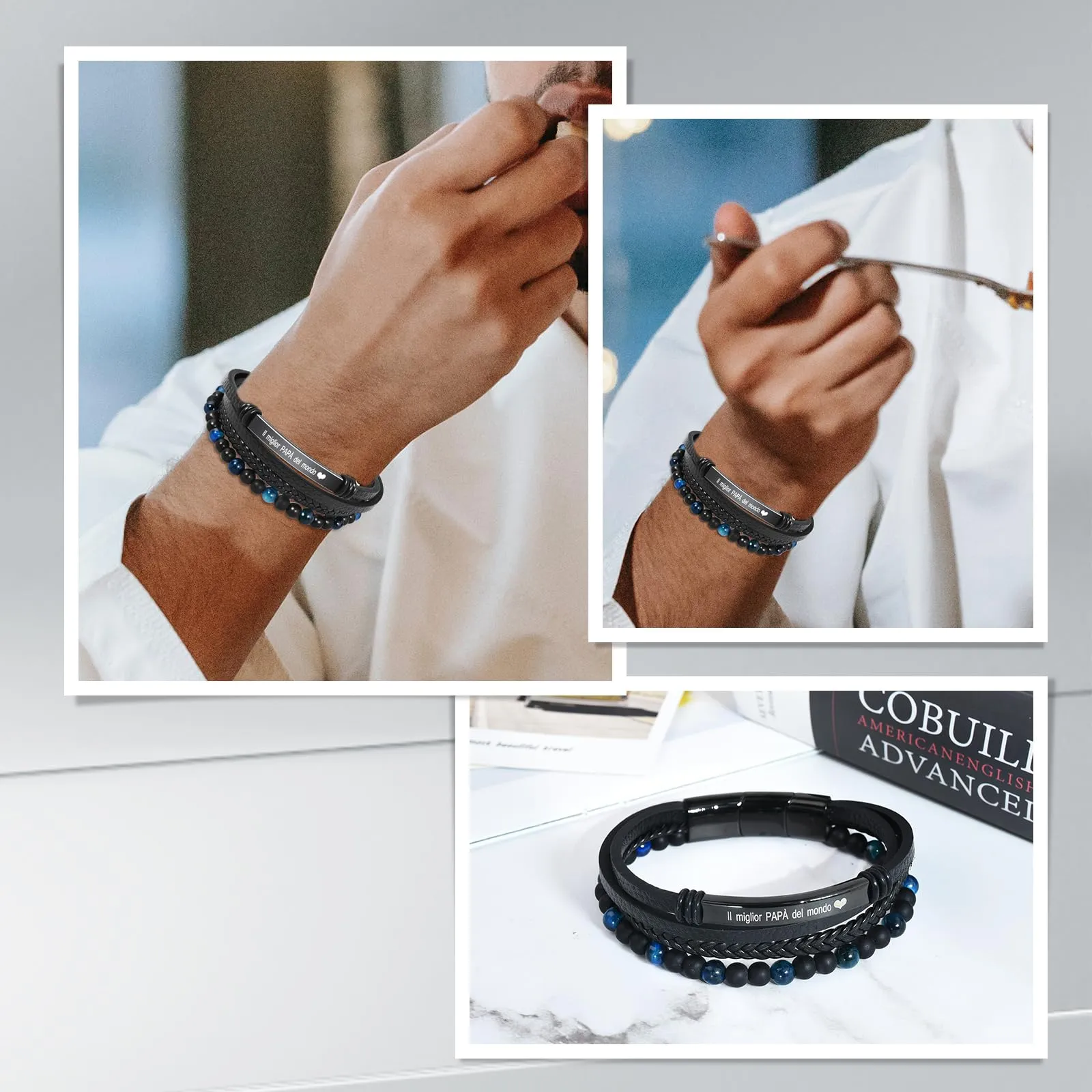 VGWON Bracciale Uomo in Vera Pelle e Pietra di Tigre - immagine 6