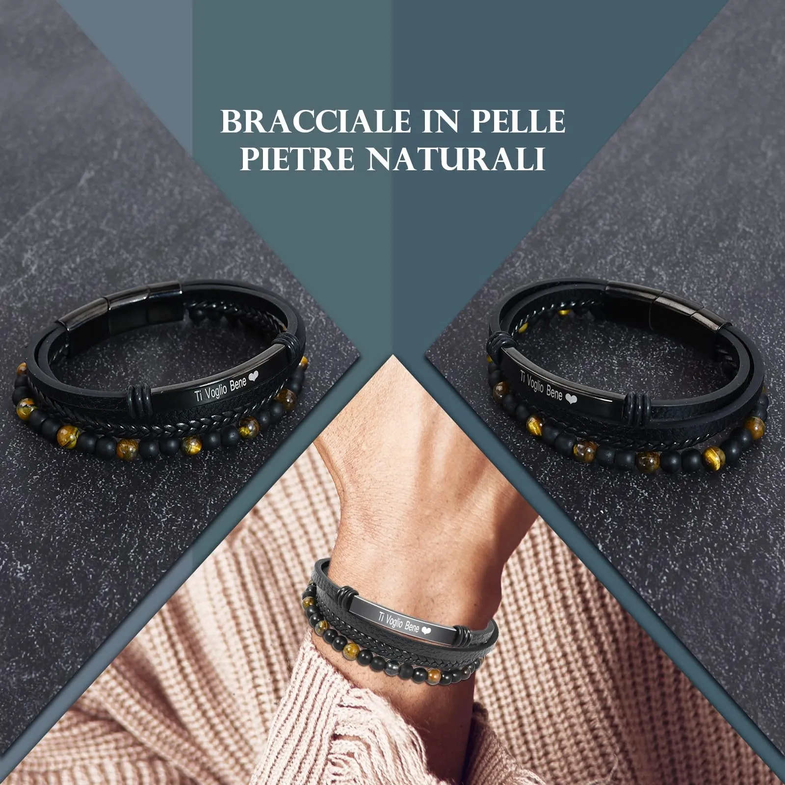 VGWON Bracciale da Uomo in Vera Pelle con Pietre Naturali - immagine 2