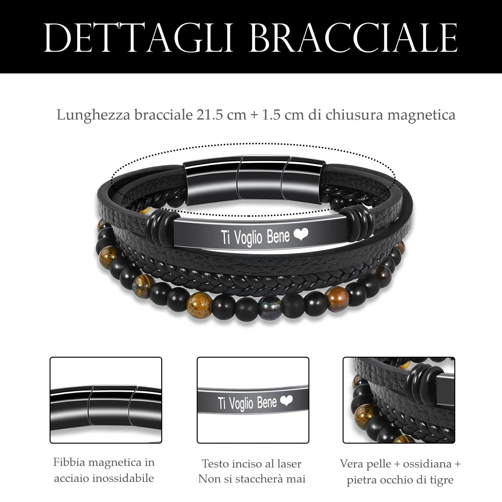 VGWON Bracciale da Uomo in Vera Pelle con Pietre Naturali - immagine 3