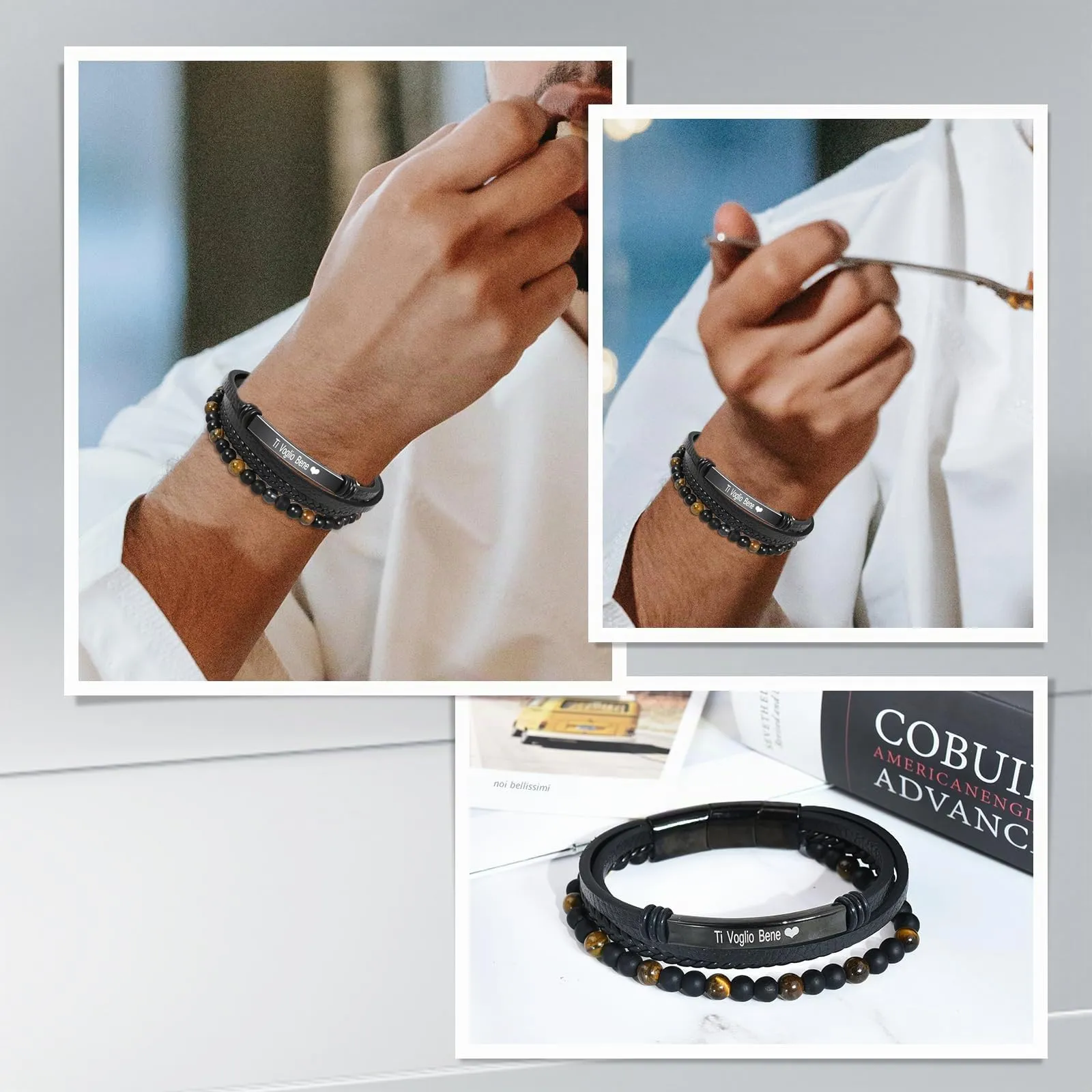 VGWON Bracciale da Uomo in Vera Pelle con Pietre Naturali - immagine 6