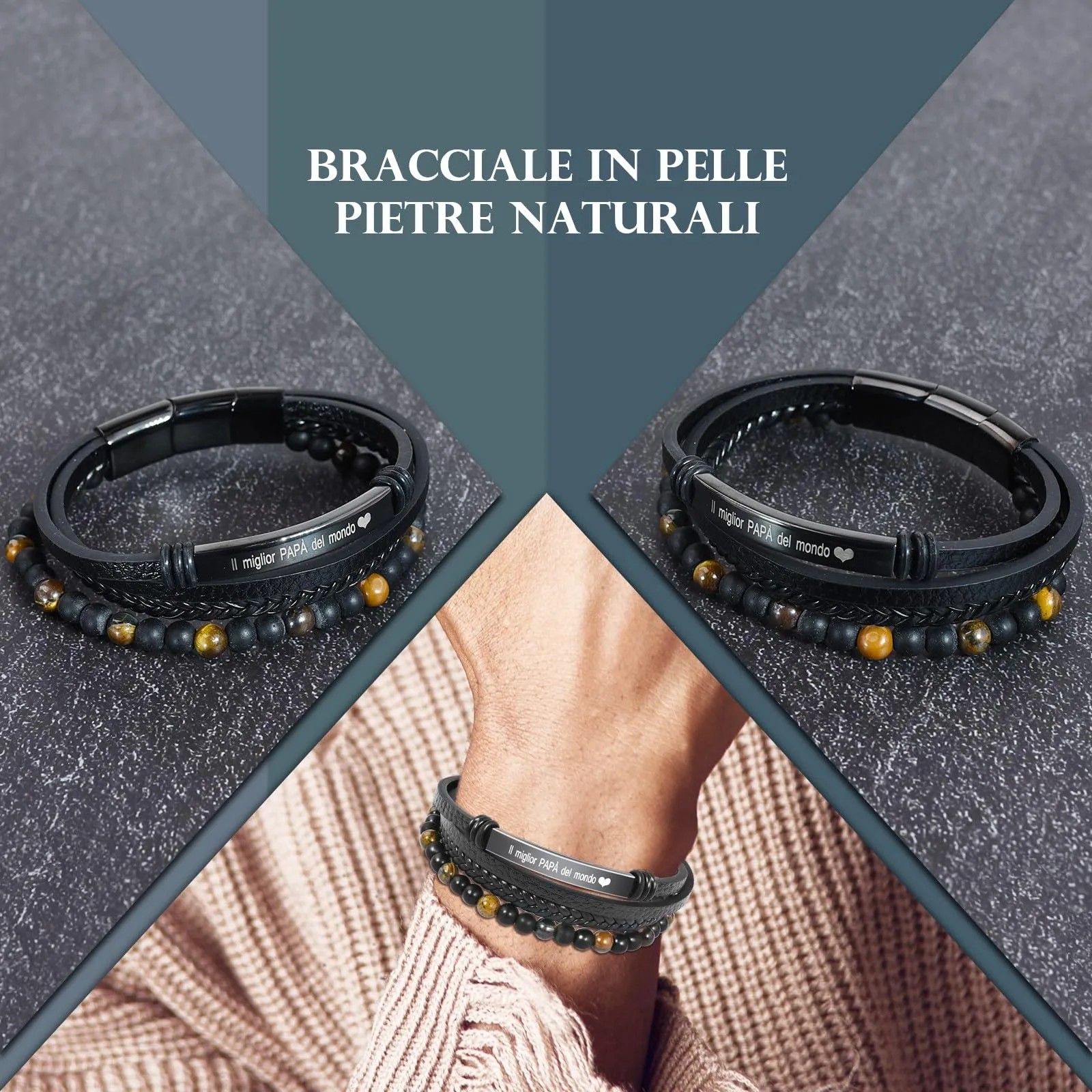 VGWON Bracciale Uomo in Vera Pelle e Pietra di Tigre, Marrone - immagine 2