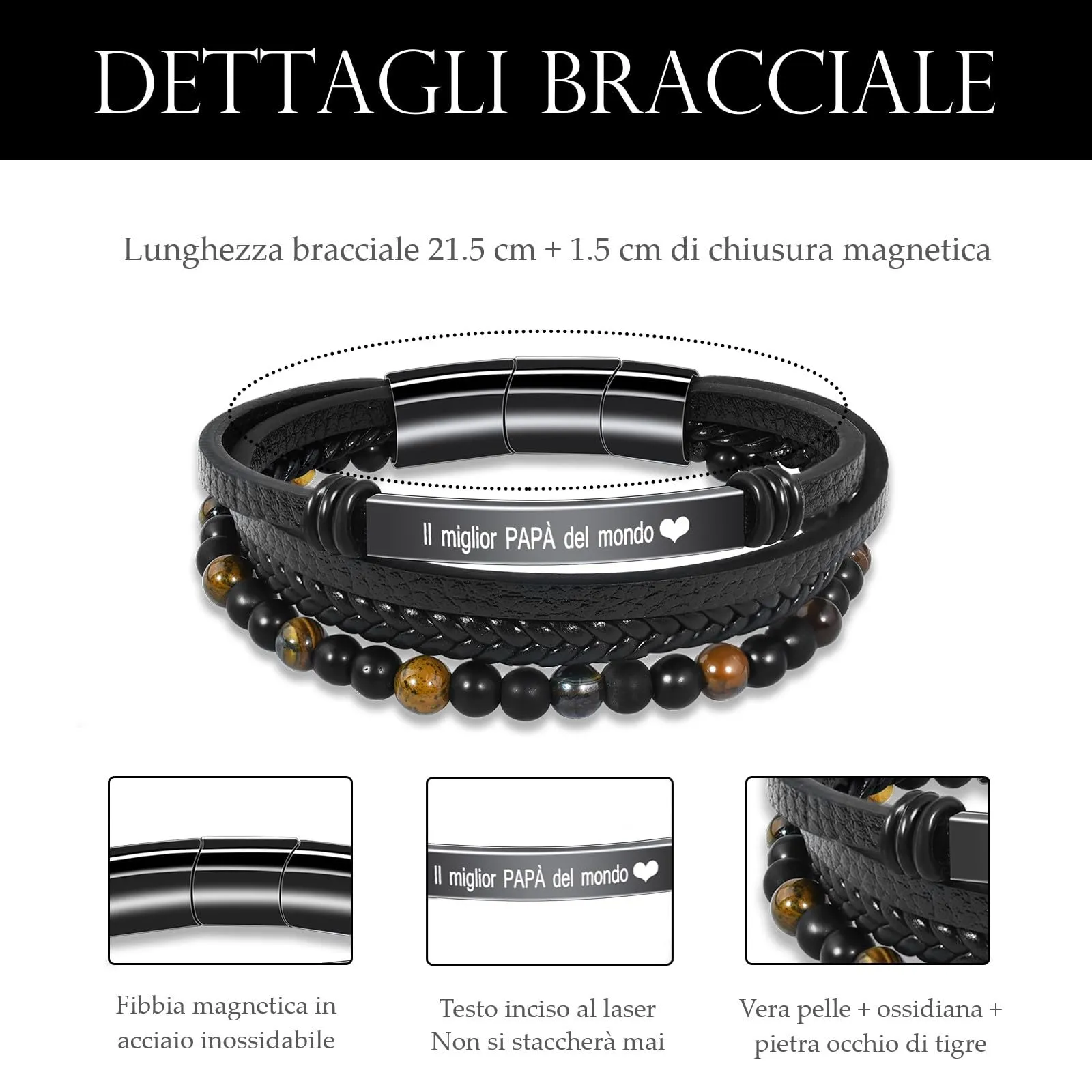 VGWON Bracciale Uomo in Vera Pelle e Pietra di Tigre, Marrone - immagine 3
