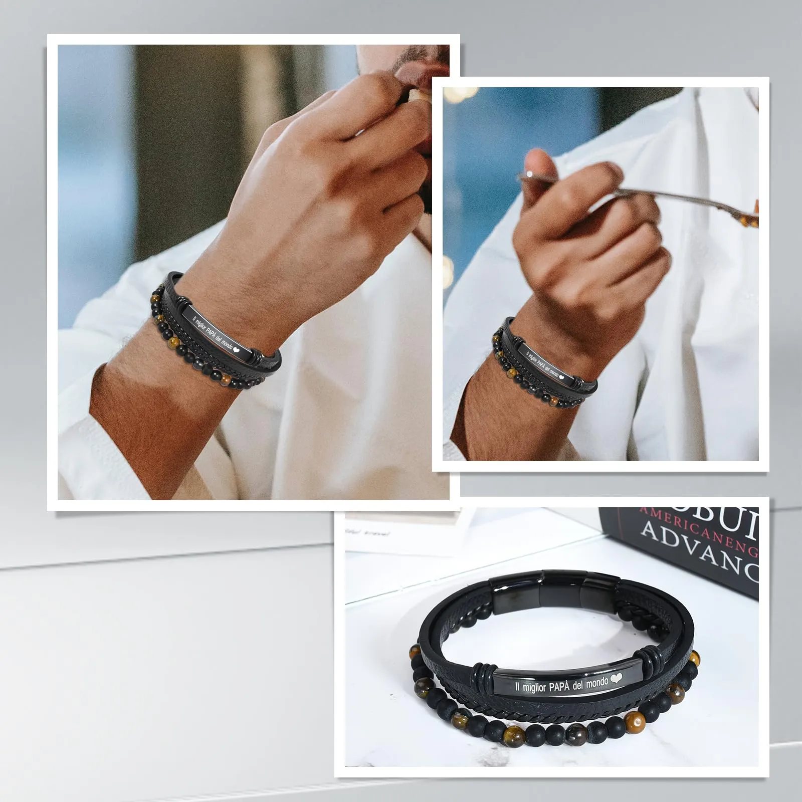 VGWON Bracciale Uomo in Vera Pelle e Pietra di Tigre, Marrone - immagine 6