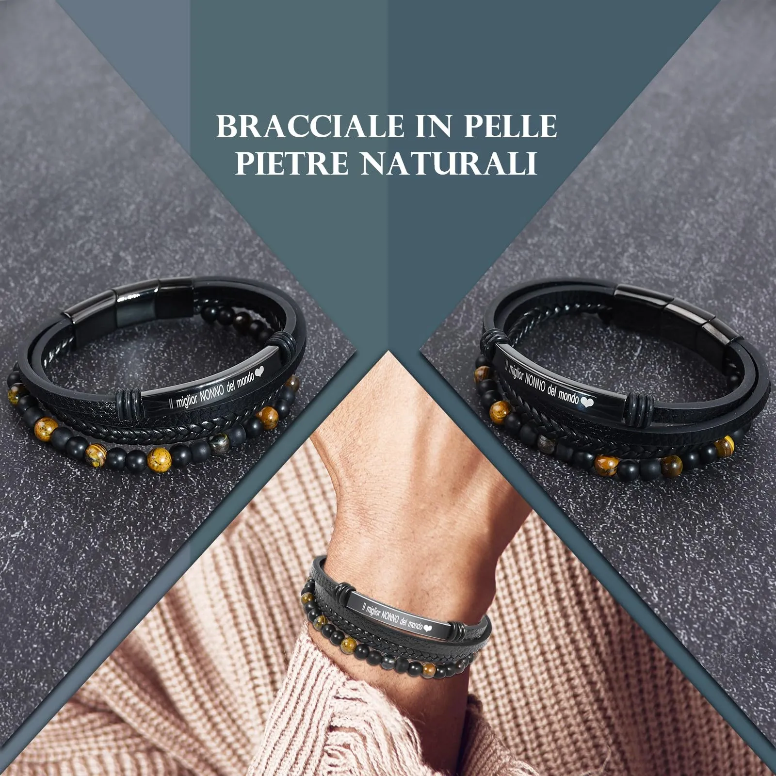 VGWON Bracciale da Uomo in Pelle e Pietra di Tigre per Nonno, Marrone - immagine 2
