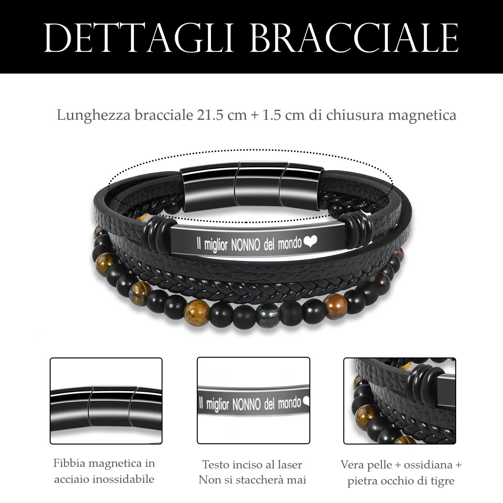 VGWON Bracciale da Uomo in Pelle e Pietra di Tigre per Nonno, Marrone - immagine 3