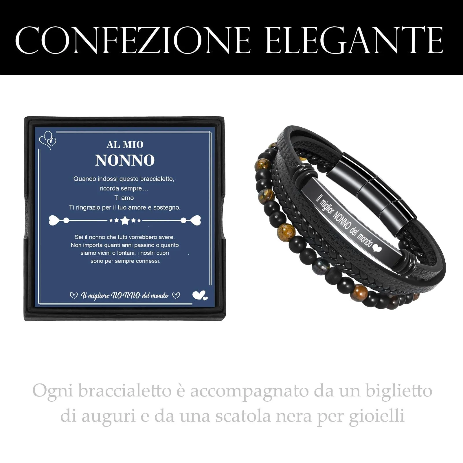VGWON Bracciale da Uomo in Pelle e Pietra di Tigre per Nonno, Marrone - immagine 4