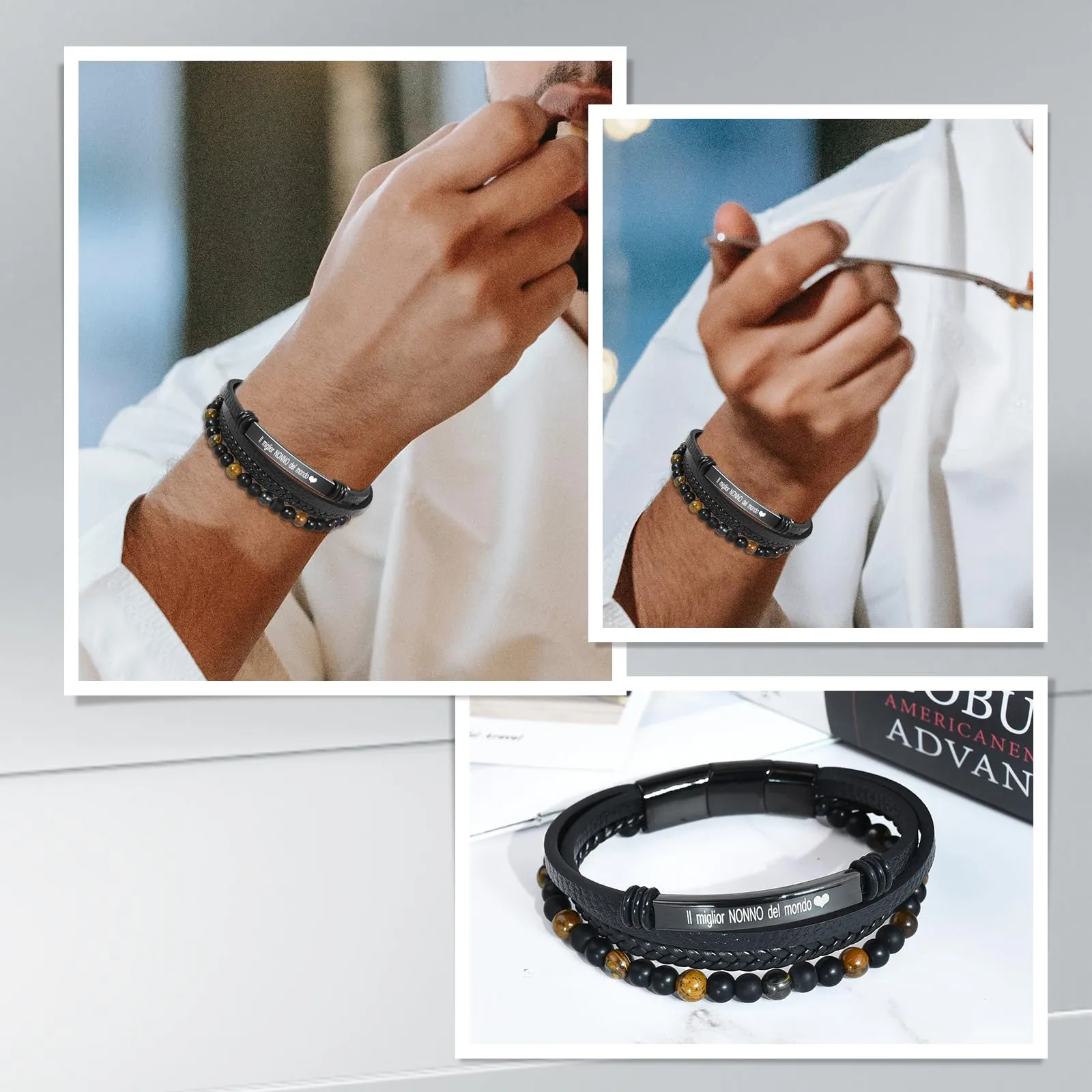 VGWON Bracciale da Uomo in Pelle e Pietra di Tigre per Nonno, Marrone - immagine 6