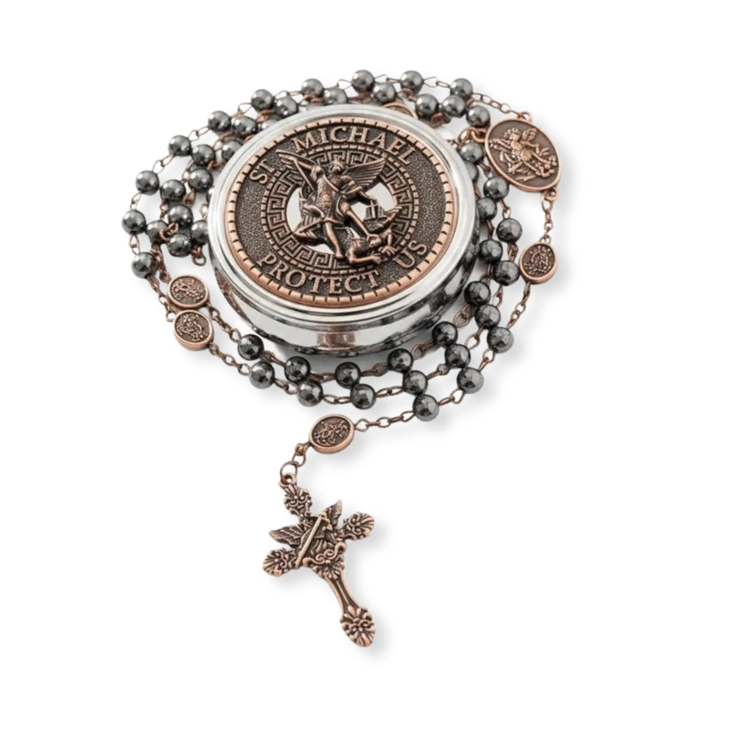 Nazareth Store St. Michael Hematite Stone Bead Rosary Necklace with Metal Gift Box, Copper - immagine 1