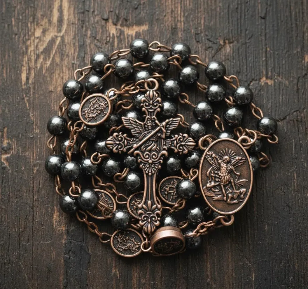 Nazareth Store St. Michael Hematite Stone Bead Rosary Necklace with Metal Gift Box, Copper - immagine 2