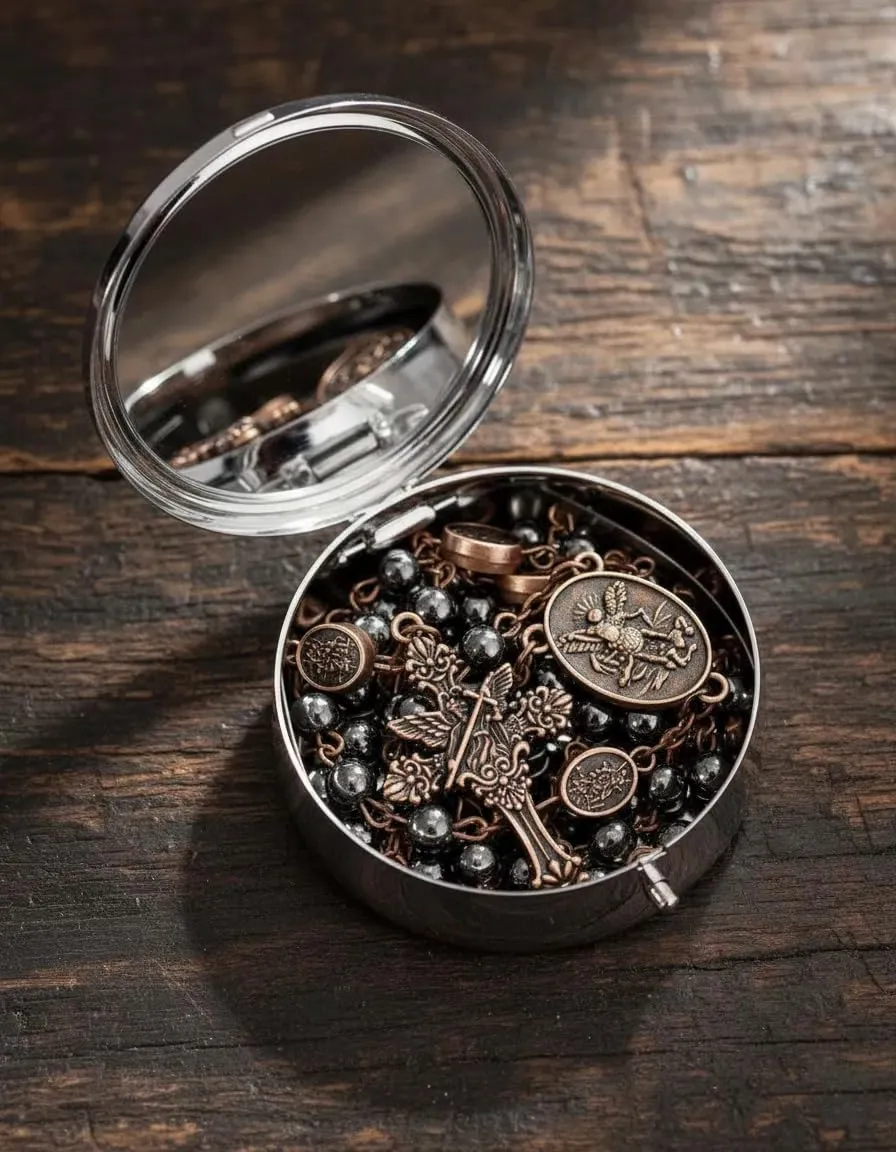 Nazareth Store St. Michael Hematite Stone Bead Rosary Necklace with Metal Gift Box, Copper - immagine 3