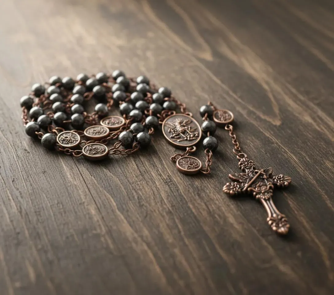 Nazareth Store St. Michael Hematite Stone Bead Rosary Necklace with Metal Gift Box, Copper - immagine 4
