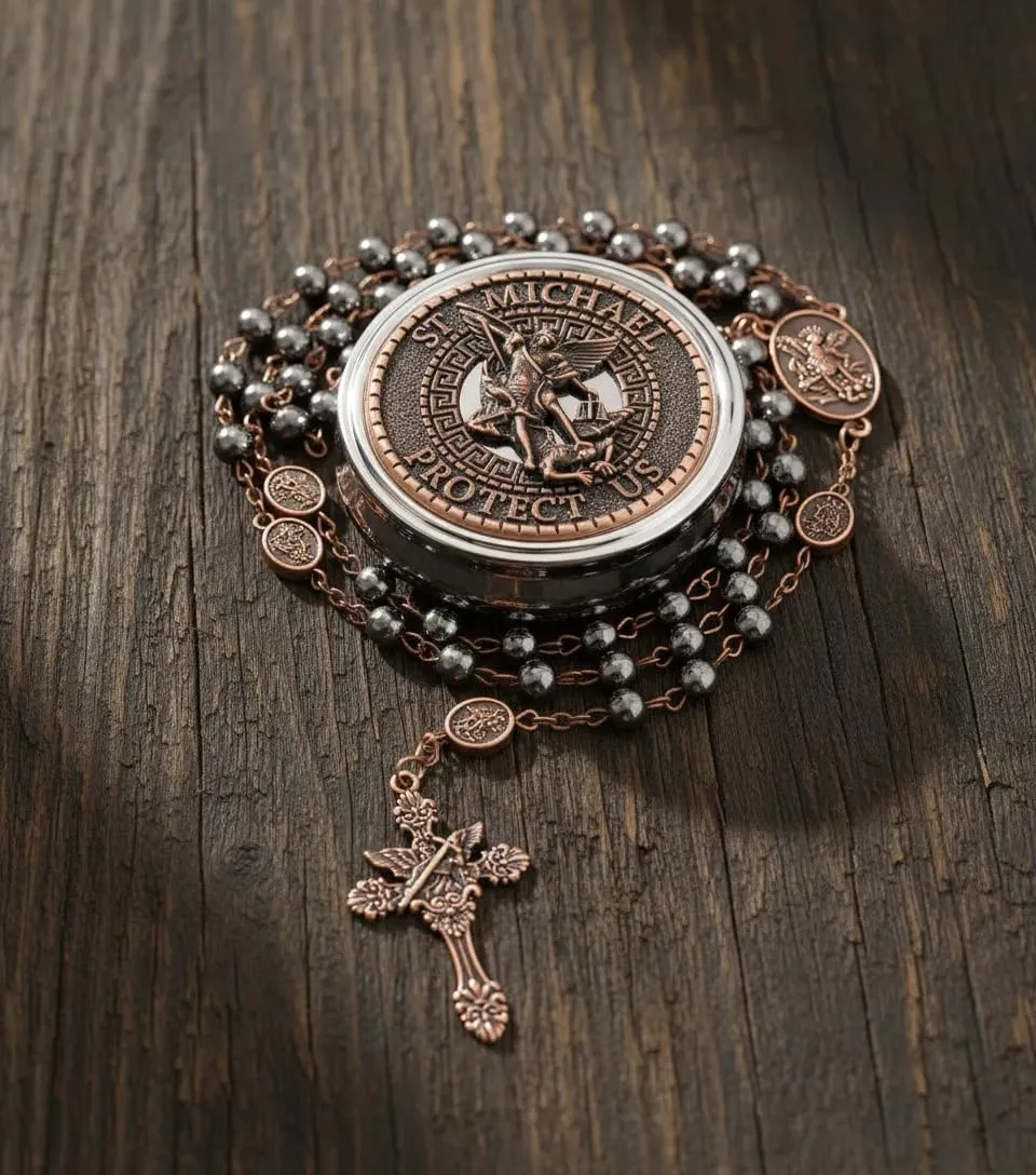 Nazareth Store St. Michael Hematite Stone Bead Rosary Necklace with Metal Gift Box, Copper - immagine 5