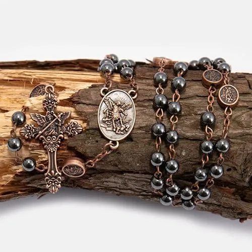 Nazareth Store St. Michael Hematite Stone Bead Rosary Necklace with Metal Gift Box, Copper - immagine 6