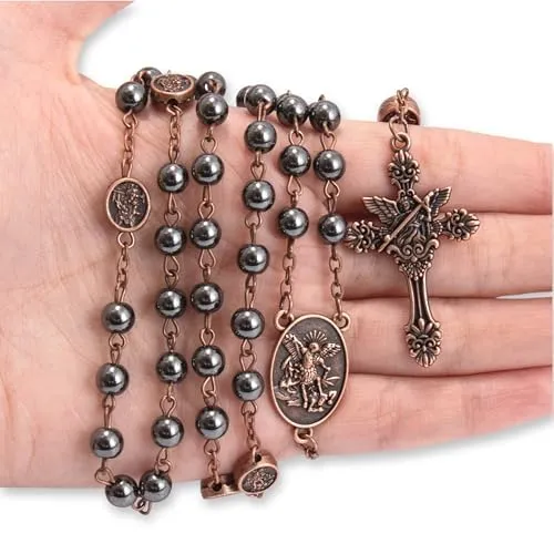 Nazareth Store St. Michael Hematite Stone Bead Rosary Necklace with Metal Gift Box, Copper - immagine 7