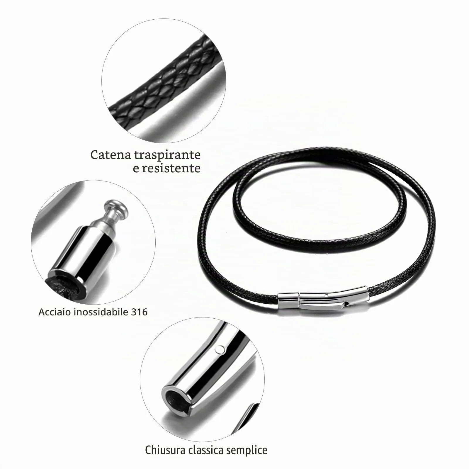 AFSTALR Collana in Pelle Sintetica Intrecciata per Uomo e Donna, Cordoncino 2mm Nero con Chiusura in Acciaio Inossidabile, 56cm - immagine 3