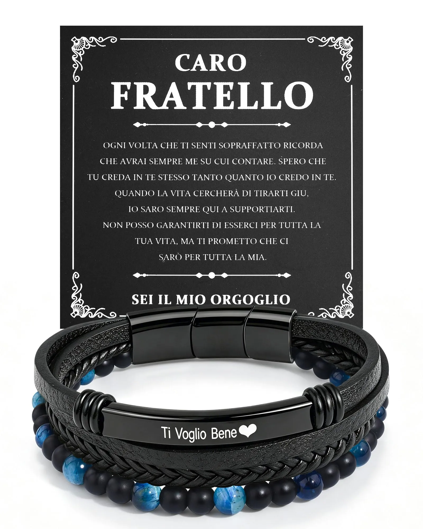 VGWON Bracciale Fratello in Pelle con Pietra Naturale e Incisione - Blu - immagine 1