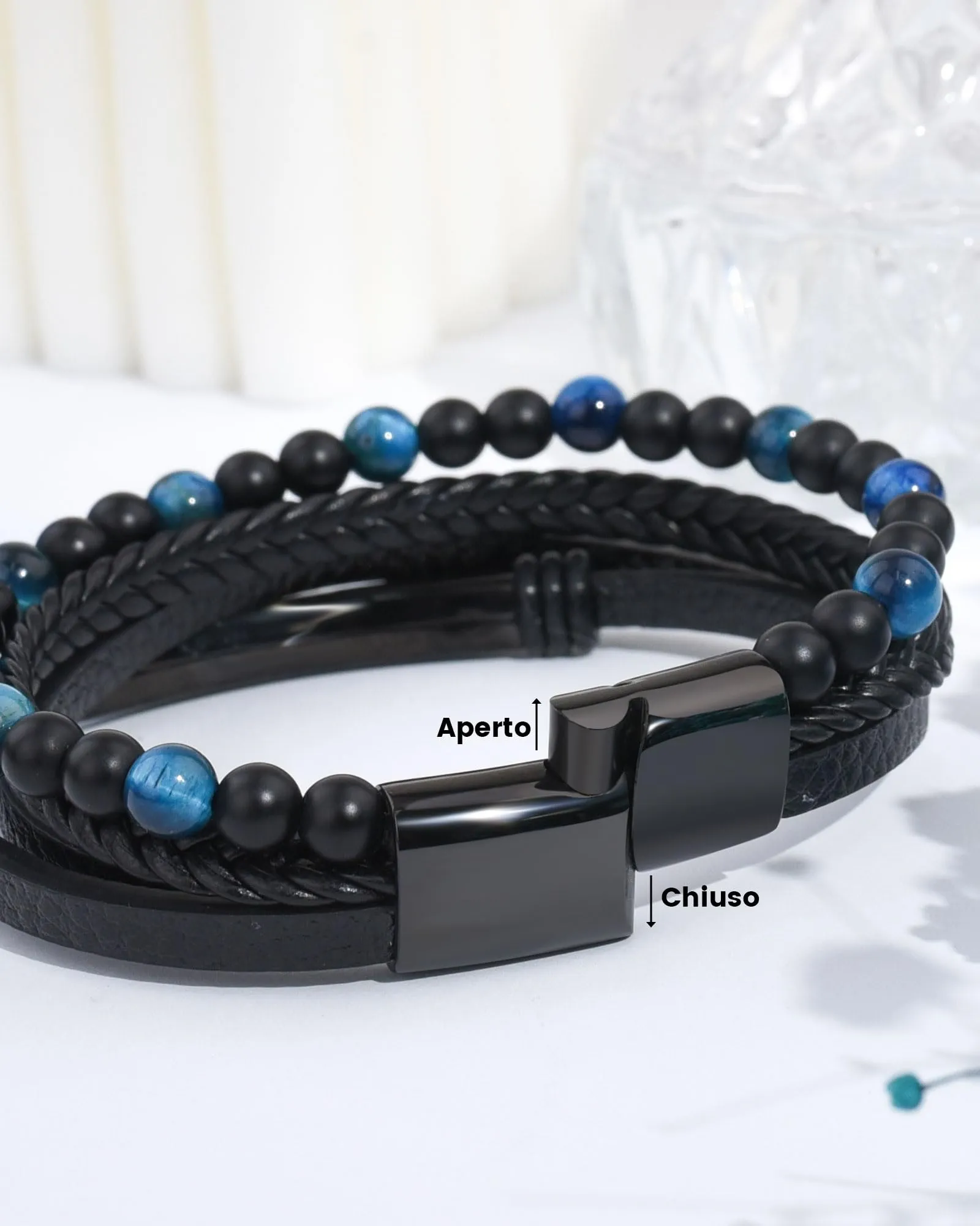 VGWON Bracciale Fratello in Pelle con Pietra Naturale e Incisione - Blu - immagine 4