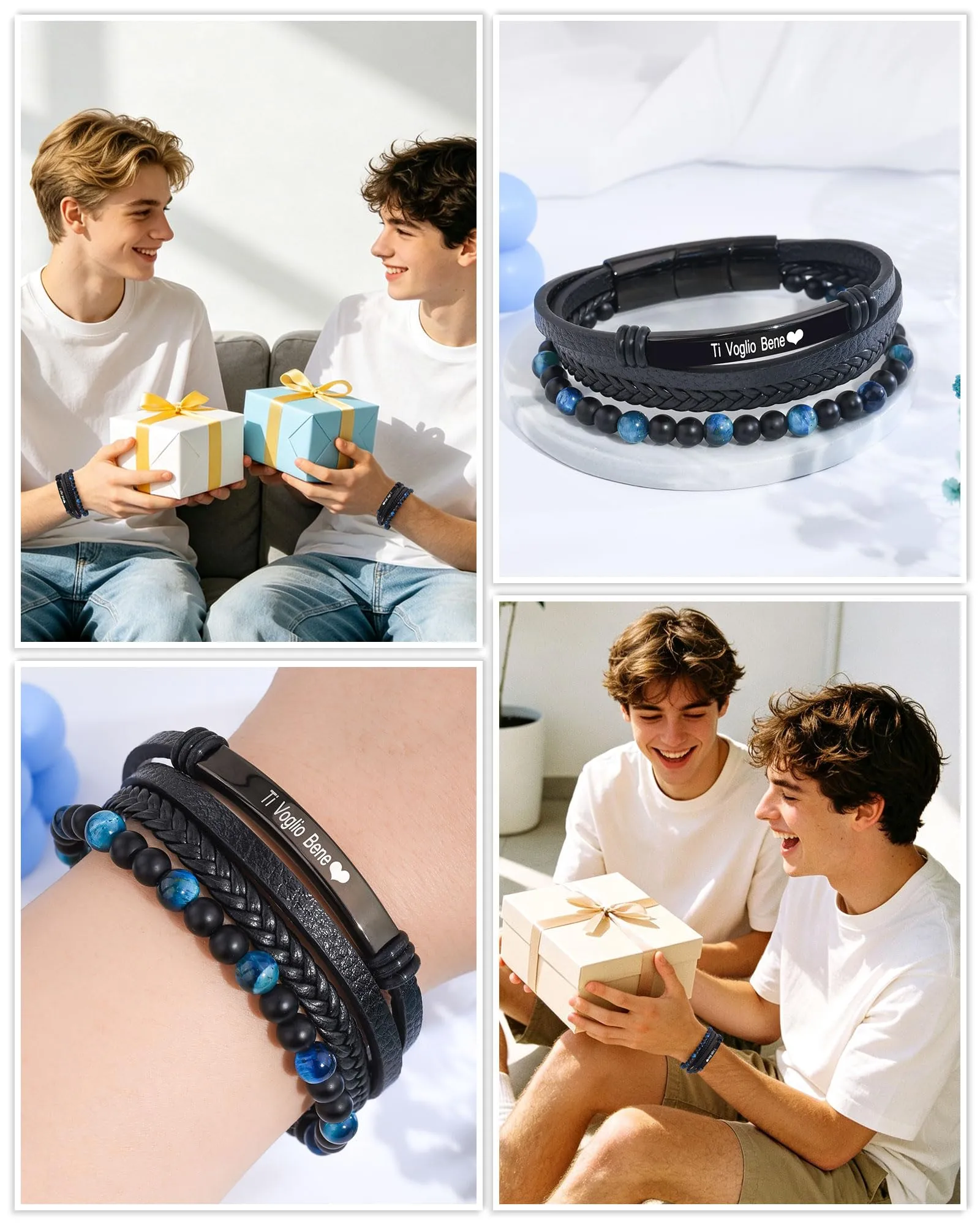 VGWON Bracciale Fratello in Pelle con Pietra Naturale e Incisione - Blu - immagine 5