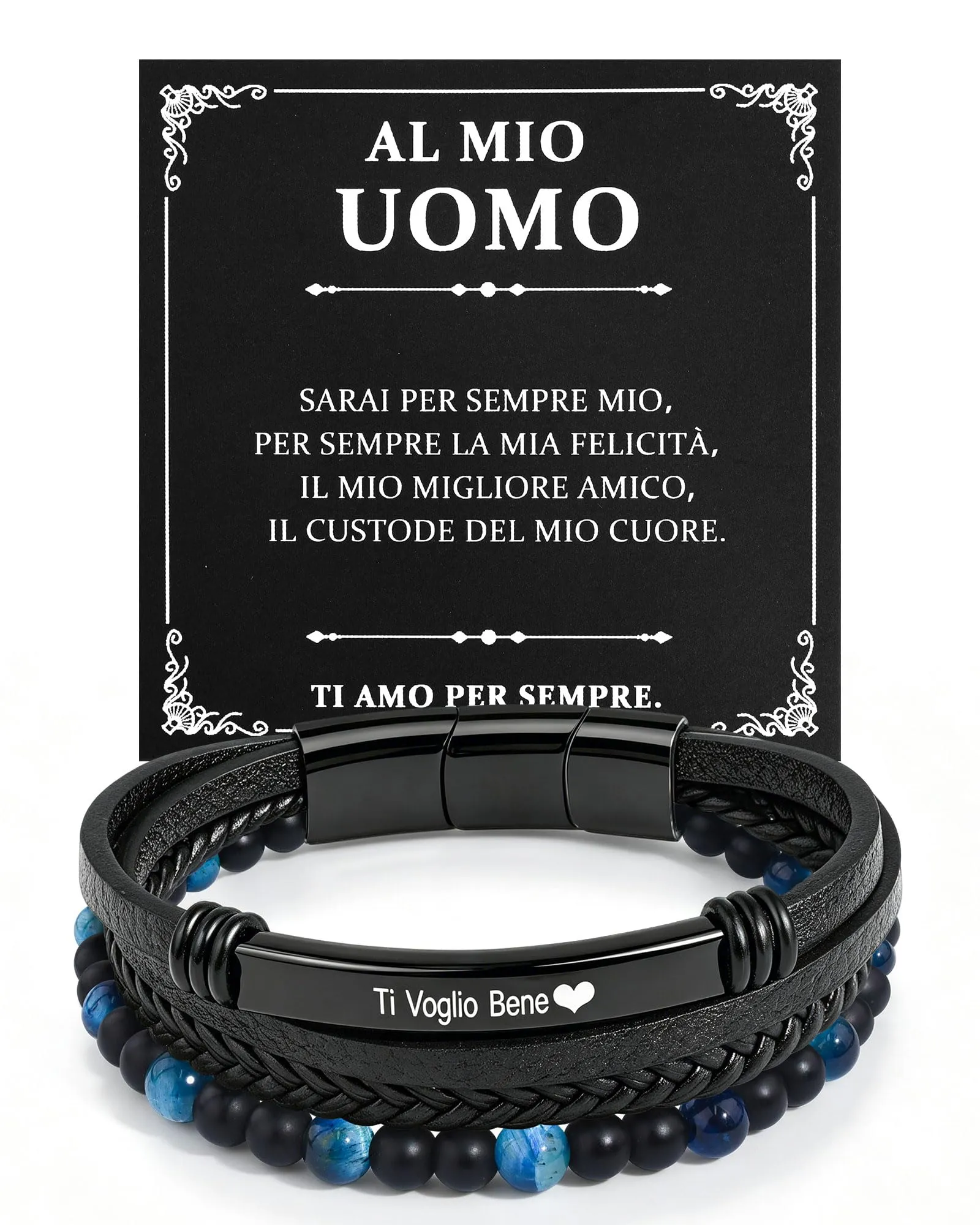 VGWON Bracciale Uomo in Pelle e Pietra Naturale, Blu - immagine 1