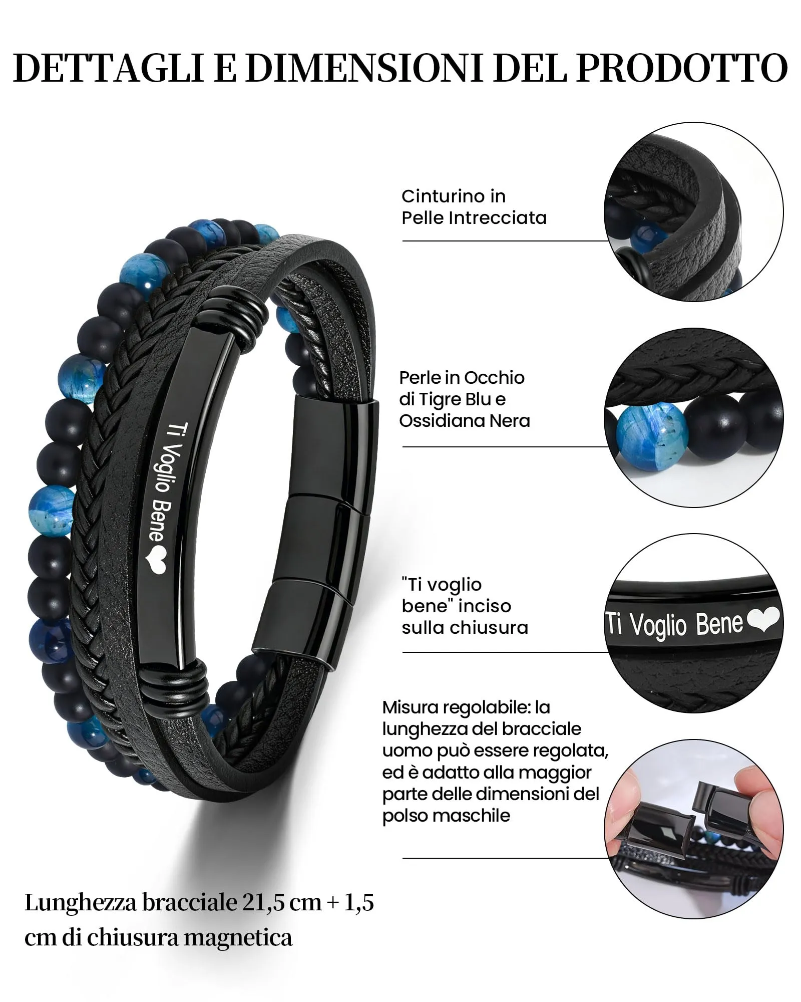 VGWON Bracciale Uomo in Pelle e Pietra Naturale, Blu - immagine 3