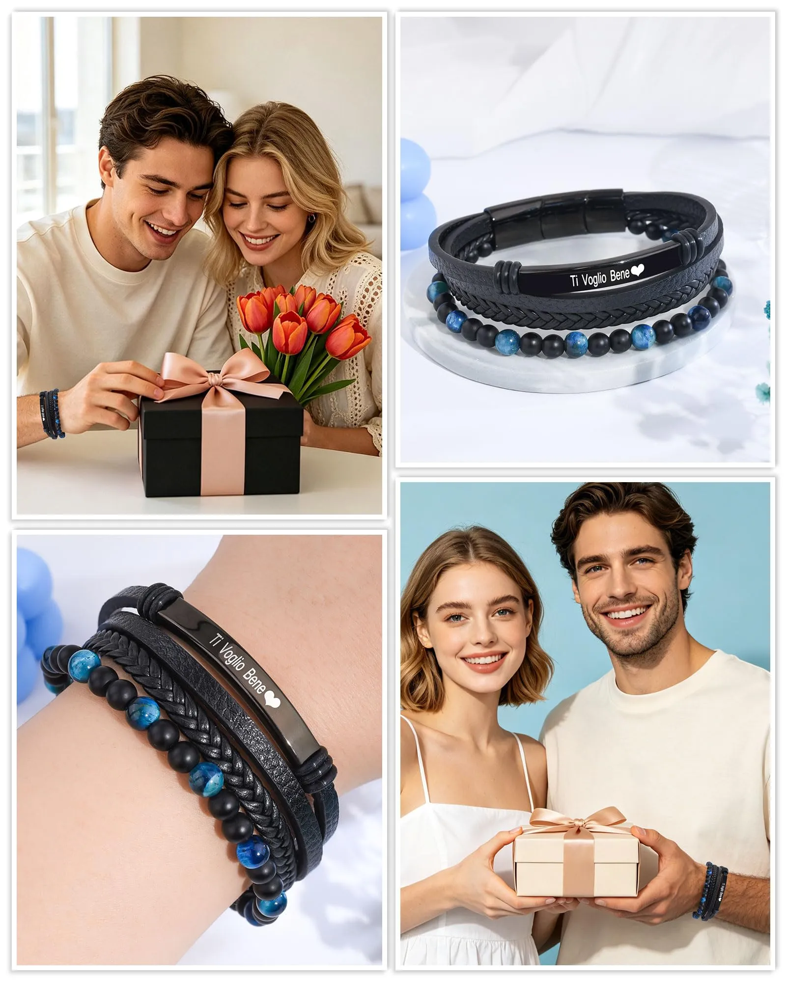 VGWON Bracciale Uomo in Pelle e Pietra Naturale, Blu - immagine 5