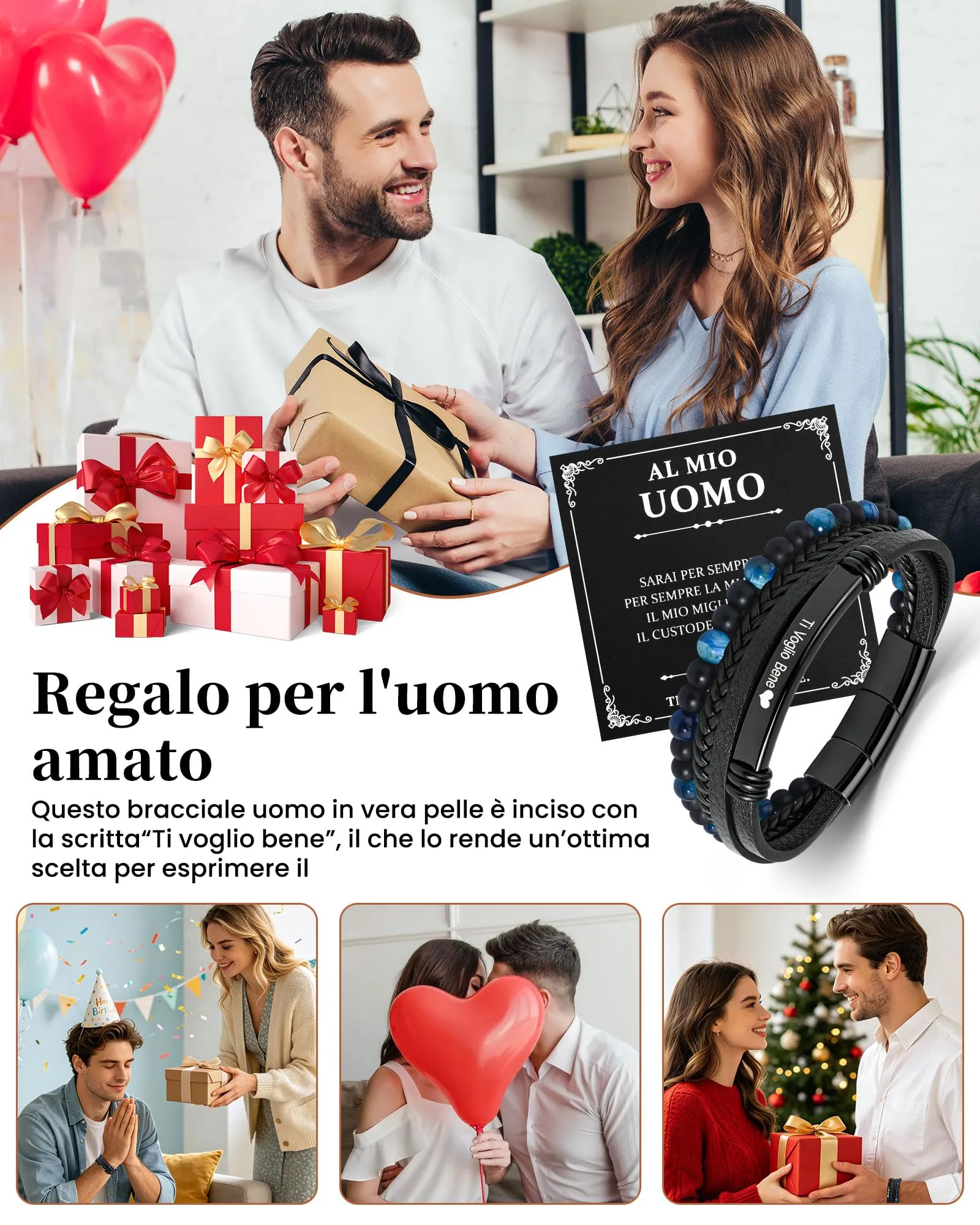 VGWON Bracciale Uomo in Pelle e Pietra Naturale, Blu - immagine 6