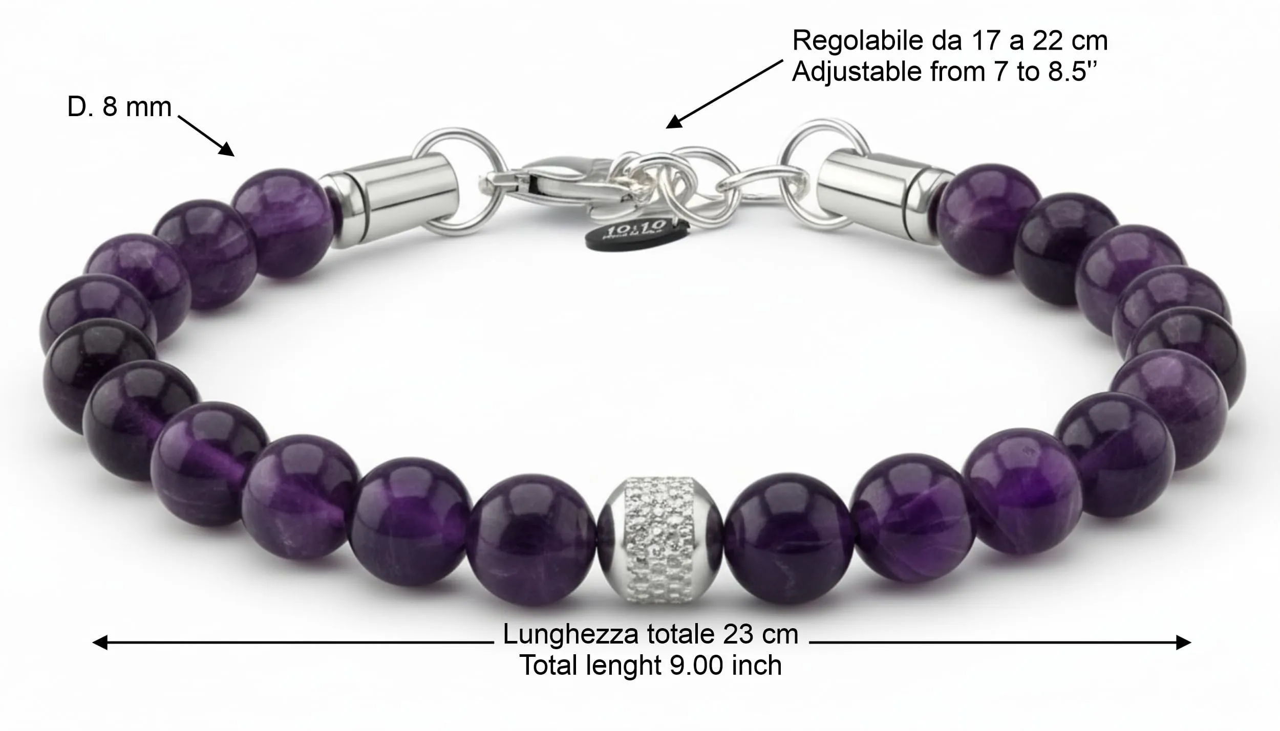 10:10 Bracciale Uomo in Pietre Naturali Ametista Viola 8mm - Made in Italy - immagine 2