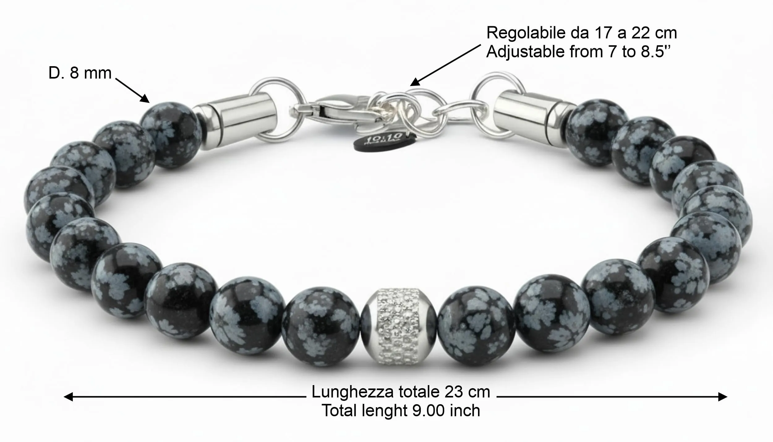 10:10 Bracciale Uomo Pietre Naturali Ossidiana Fiocco Neve 8mm Made in Italy - immagine 2