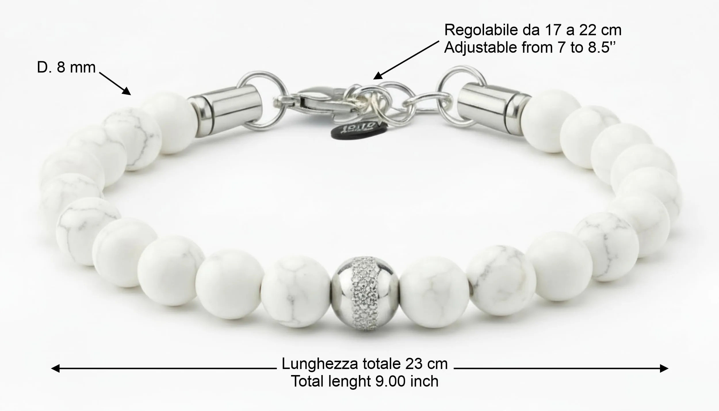 10:10 Bracciale Uomo Pietre Naturali Howlite Bianca 8mm Made in Italy - immagine 2