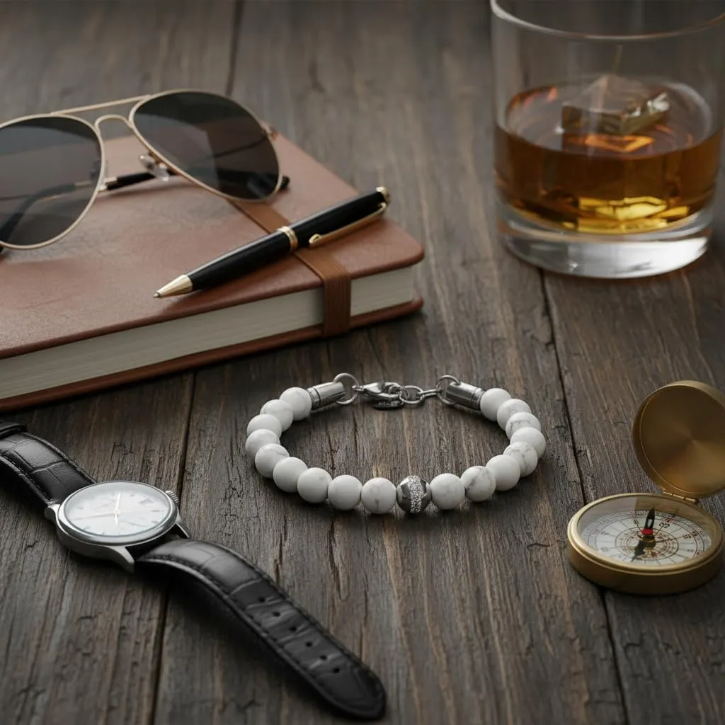 10:10 Bracciale Uomo Pietre Naturali Howlite Bianca 8mm Made in Italy - immagine 4