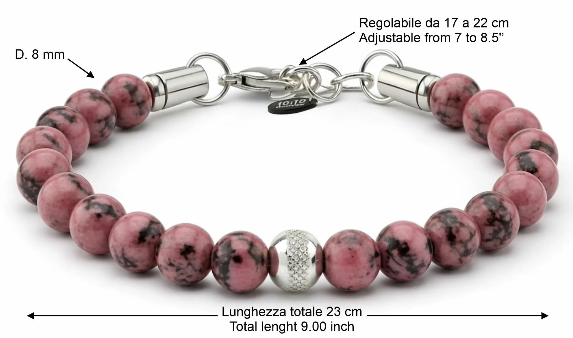 10:10 Bracciale Uomo in Pietre Naturali Rodonite Rosa 8mm - Made in Italy - immagine 2