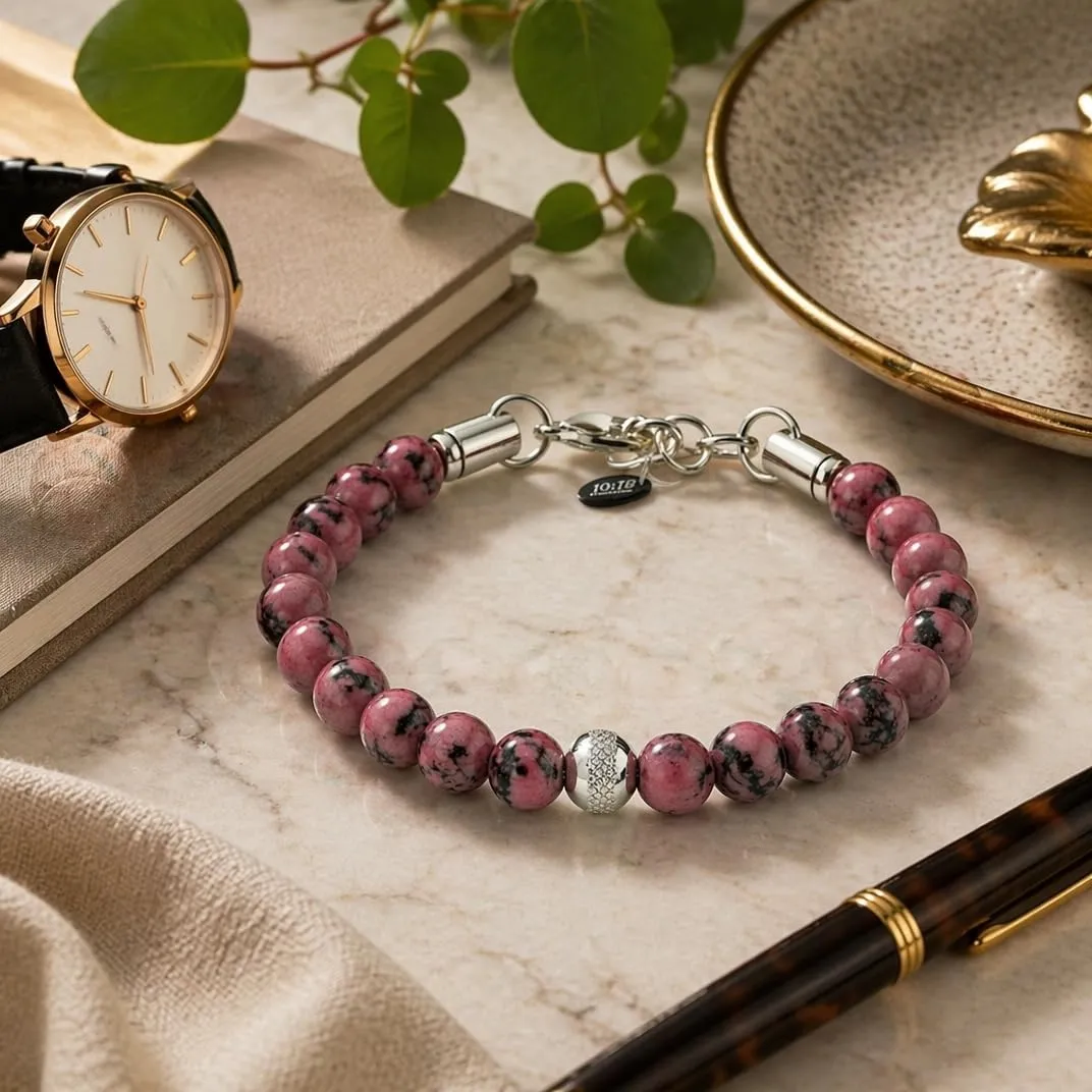 10:10 Bracciale Uomo in Pietre Naturali Rodonite Rosa 8mm - Made in Italy - immagine 6