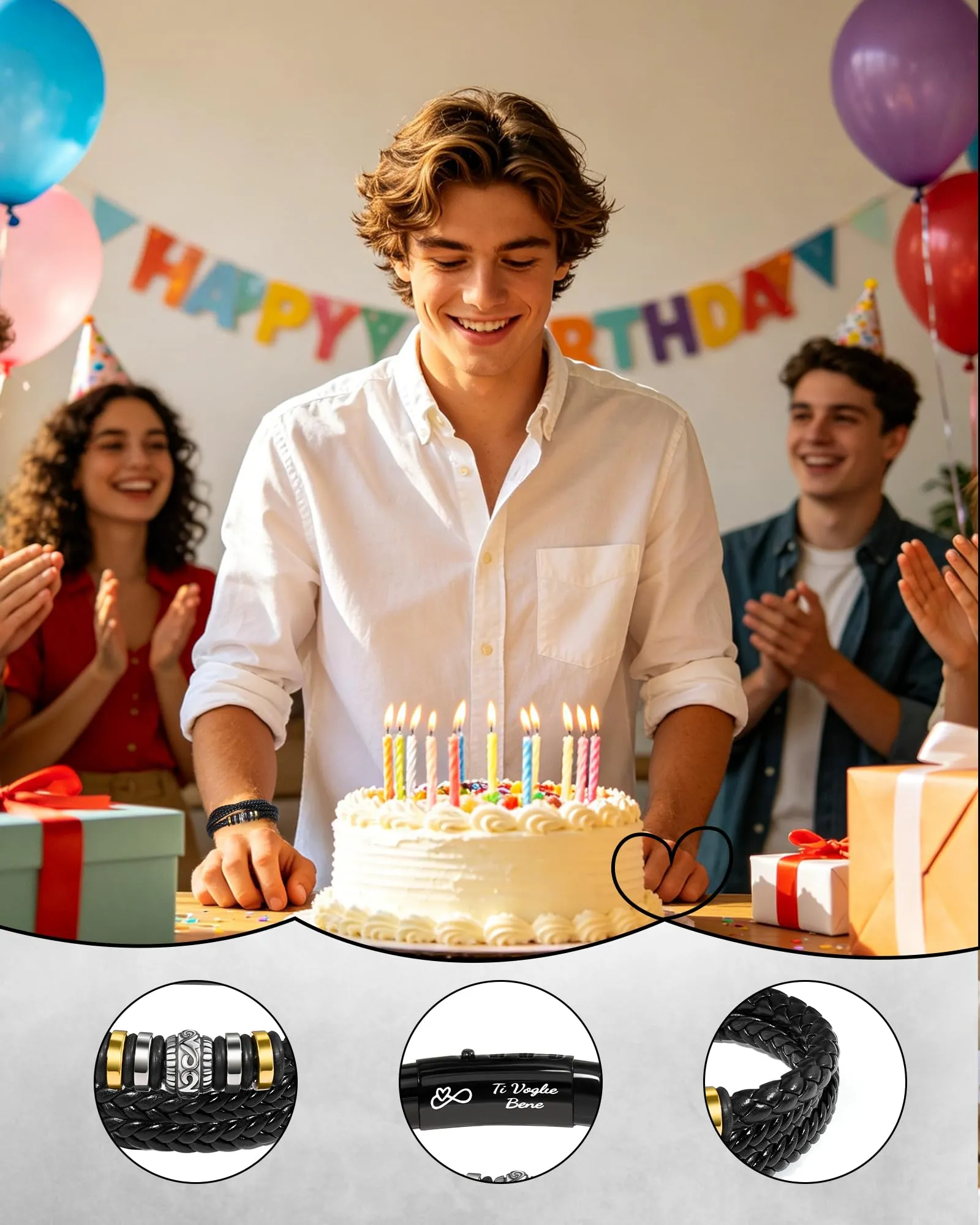 Cheerslife Bracciale Uomo in Pelle Intrecciata e Acciaio Inossidabile, 20.5-22 cm - immagine 4